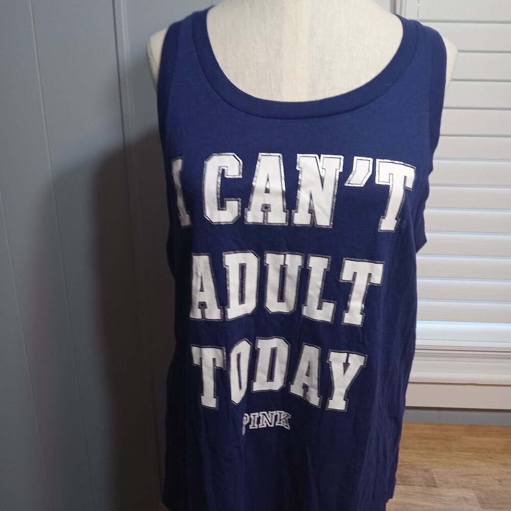 Pink Victoria's Secret ladys Tank Top size L  Navy Blue"I Can't Adult Today"  T1